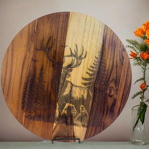 Handcrafted Wooden Elk Scene Round Wall Art – 16” Engraved Forest Design